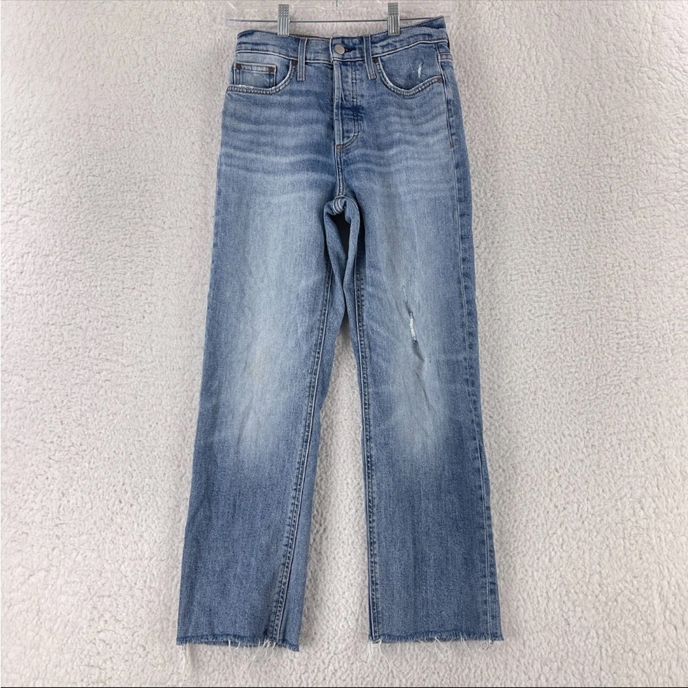 Denim Forum The Arlo High Rise Straight Jeans, Distressed Raw Hem, Women’s 25